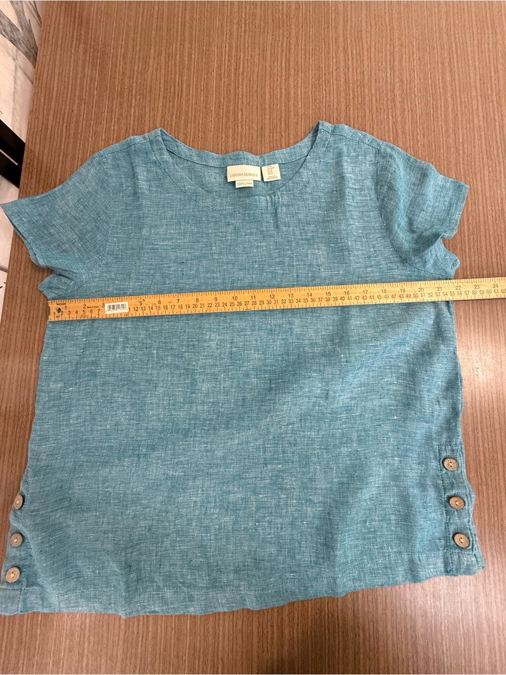 100% linen Cynthia Rowley Teal Blue Linen Short Sleeve Button-Side Top - Picture 6 of 7